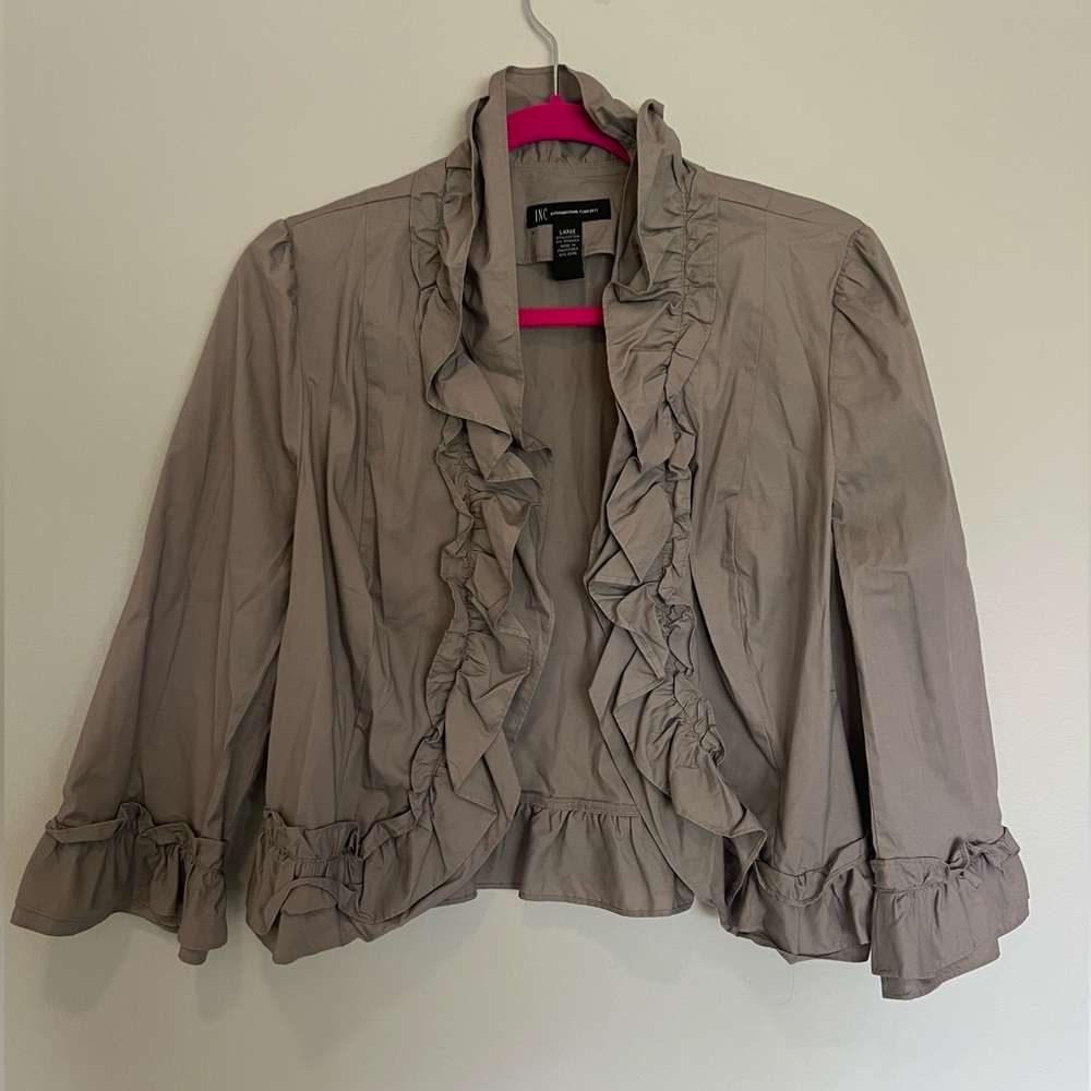 INC International Concepts Taupe Ruffle Jacket Lightweight Cotton Blazer Large